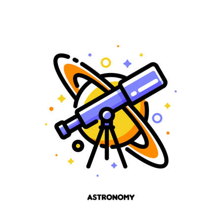 Icon of Saturn planet and optical telescope for astronomy science or outer space concepts. Flat filled outline style. Pixel perfect 64x64. Editable strokeのイラスト素材