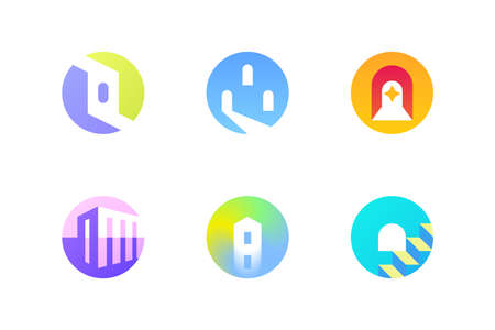 Simple multicolored elements of architecture. Set of modern geometric mark templates or icons of buildings and constructions for real estate company or residential property agency conceptsのイラスト素材