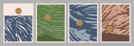 Abstract sea, cloudy sky and mountains at sunset. Stylish Japanese landscape with wave pattern....