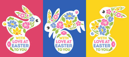 Easter greeting card with cute rabbits and spring flowers. Elegant vector illustration of playful bunnies with lovely multicolored flowers and easter eggsのイラスト素材