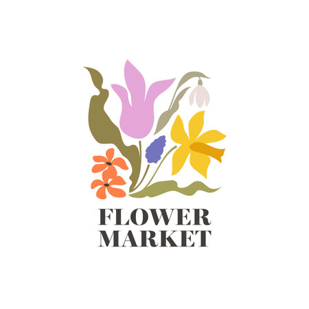 Vector logo design template of spring flowers like tulip, daffodil, snowdrop, primrose and grape hyacinth. Elegant simple style emblem for flower market or florist shopのイラスト素材
