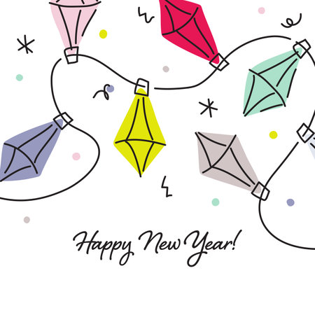 Happy new year greeting card with multicolored hand drawn holiday Christmas lights. Elegant vector illustration with retro decor for seasonal designのイラスト素材