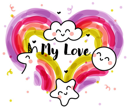 Artistic vector illustration of rainbows with sun, star, cloud and unicorn in shape of heart. Funny design for cute greeting card or cool poster. Editable strokeのイラスト素材