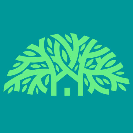 Small house under big old tree. Simple vector logo mark template or icon of building for modern real estate company or cozy family guest house hotelのイラスト素材