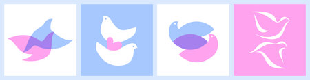 Pair of flying doves in love. Elegant vector logo mark template or icon of two lovely birds with spread wingsのイラスト素材