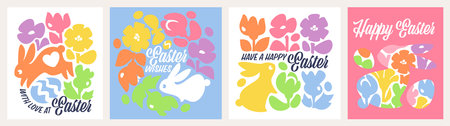 Easter design with cute bunny and colorful flowers. Simple vector illustrations set of sweet rabbit and floral wreath and easter eggs. Playful concept for seasonal poster or greeting cardのイラスト素材