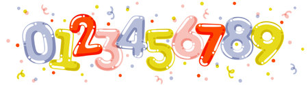 Multicolored number balloons and confetti. Cute hand drawn numeral typographic symbols in retro style. Festive vector illustration for New Year holiday calendar cover or happy birthday greeting cardのイラスト素材