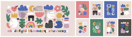 Set of abstract hand drawn doodle objects and various organic shapes. Modern collage and pre-made poster or print. Set of contemporary Scandinavian minimalism style vector illustrationsのイラスト素材