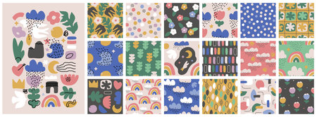 Set of abstract seamless patterns with hand drawn doodle objects and various organic shapes....