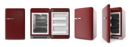 Red Retro Refrigerator. Closed refrigerator, open refrigerator. Realistic illustration of an old vintage fridge last century with chrome handle on white background. 3d rendering.の写真素材