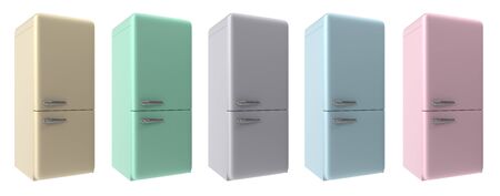 Pastel Color refrigerators set. Pink, beige, green, blue, grey color. On white background. 3D Renderingの写真素材