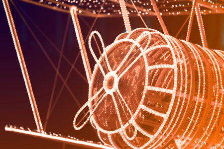 Night festive lights from electric garlands and small light bulbs. Shallow depth of field. The...