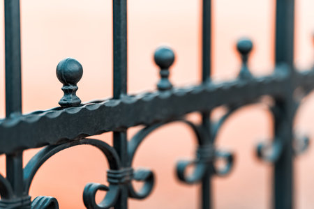 Wrought-iron fencing painted black with the decorations. The background is blurred. Shallow depth of...