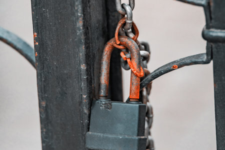 Closed wrought-iron gates and chain lock. The gate is painted black. The chain is rusty. Castle...