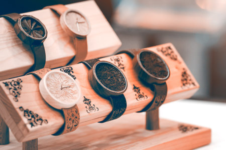 Wristwatch made of wood with leather strap. The clock is set on a wooden platform. The background is...