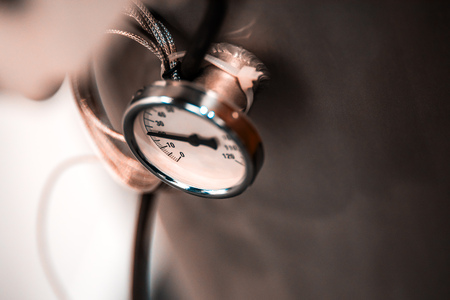 Pressure gauges from the compressor unit. Shallow depth of field. The background is blurred.の写真素材