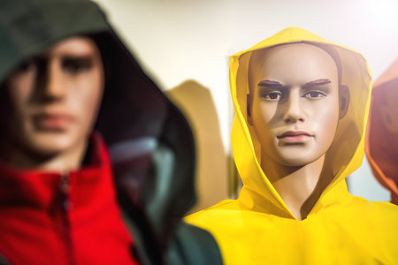 Plastic mannequin men with eyes and eyebrows in overalls. The eyes of the dummy are detailed. The...