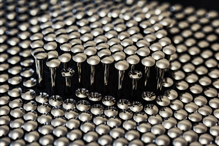 Lots of shiny little studs on a dark background arranged tightly together. Shallow depth of field.