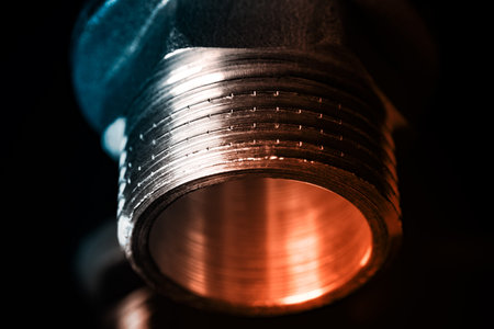 Brass plumbing product on a dark blurred background. In the foreground close-up visible carving.