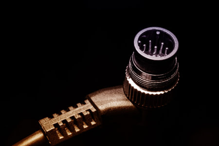 The camera flash connector is black. Contacts are gold-plated. The background is dark and blurry.