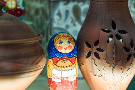 Colored small toys made of porcelain. The background is blurred. Shallow depth of field.の写真素材