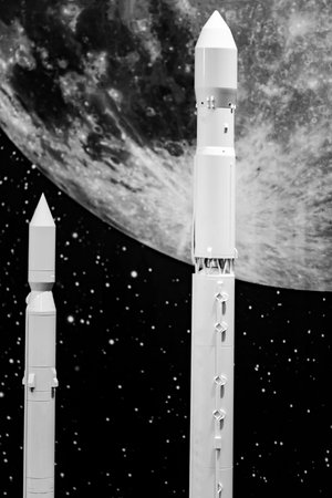 Toy space launch vehicle. You can see the details. The background is blurred. Old-generation missiles.の写真素材