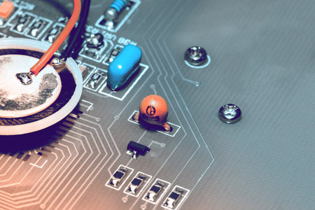 A close-up microchip with many electrical components placed on the Board. The background is blurred.