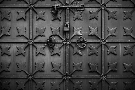 Old metal rusty wrought-iron doors of dark color. Visible rust and scuffs and small details.