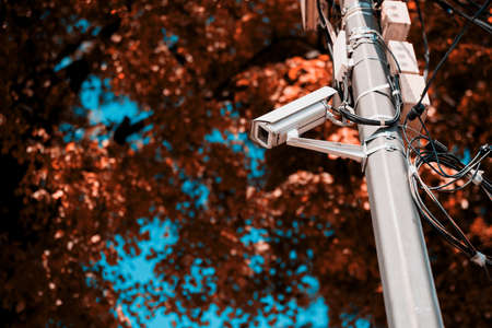 A camera on a metal surveillance pole installed in the Park. Trees in the background. The background is blurred.の写真素材