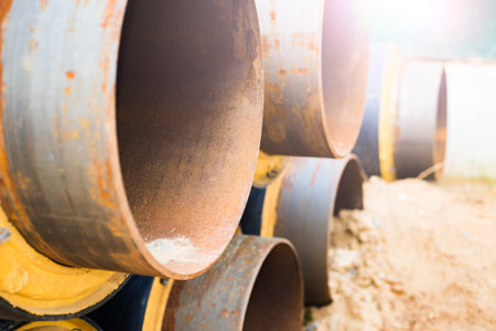 The long metal pipeline is rusty and insulated. Black plastic insulation. The background is blurred.の写真素材
