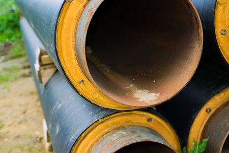 The long metal pipeline is rusty and insulated. Black plastic insulation. The background is blurred.の写真素材