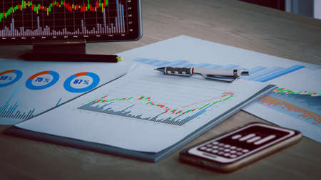 Preparing report. Green and red graphs and charts. Business reports and pile of documents on ash wood top table background.の写真素材