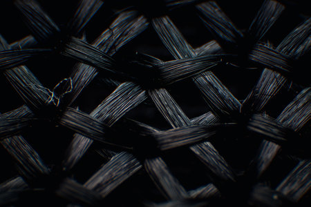 Close-up of synthetic fabric, black fiber. There is a large gap between the fibers, neatly woven, the fibers are glossy, high magnification, super macro.の写真素材