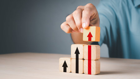 hand stack woods block step on table with icon Action plan, Goal and target, success and business...
