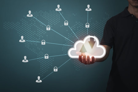 Man hand making gesture upside down supports cloud symbol There is a network link to the symbol lock...