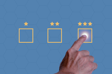 The man's hand makes a forward finger-pointing gesture matching the gap with a 3-star symbol, a...