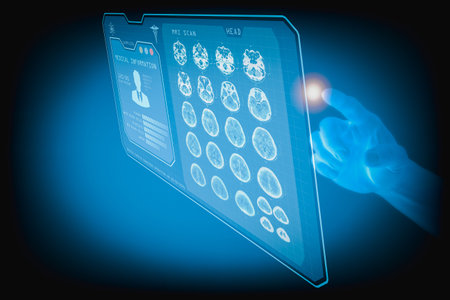 The hand pointing at a screen with a 3D health examination result of a sick person. MRI