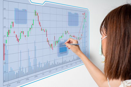 A woman on her right hand poked a pen on a simulation fast-growing stock chart. White  background