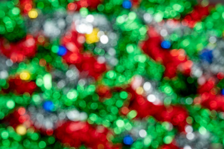 Christmas border template with fir branches, Beautiful red green blue and gold toys and ribbon,on space gray color background, Merry Christmas and Happy New Year.の写真素材