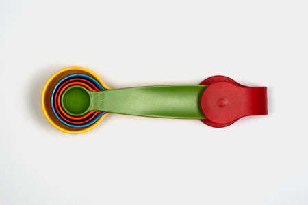 Measuring spoons, several sizes of spoons in the same set, top view of measuring spoons, 1 Tbsp, 1/2 Tbsp, 1 Tsp, 1/2 Tsp, 1/4 Tsp.の写真素材