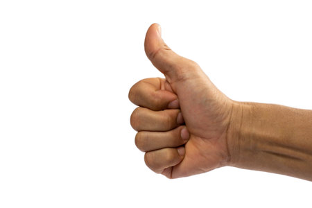 Thumb up gesture It means excellent, white background.