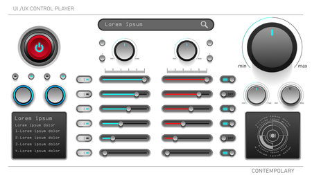 User interface elements.UI UX design kit. button 3D and search with indicator light and Sliding...