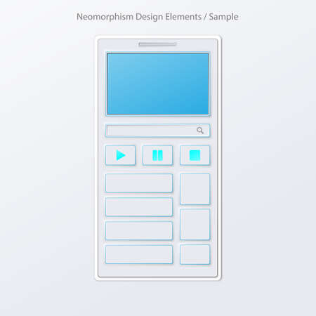 Neomophism design elements.It includes convex and collapses buttons, round, rectangular, long oval, text search buttons with sample symbols. There are on white background.のイラスト素材