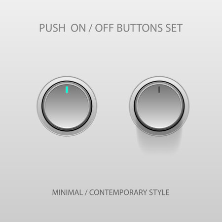 On and Off push Switch Buttons, contemporary Devices User Interface Mockup or Template - White and Grey on White Background - Vector Gradient Graphic Designのイラスト素材
