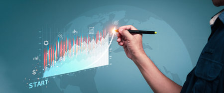 A man wearing a shirt His right hand poked a pen on a fast-growing stock chart. Globe background and...
