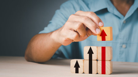 hand stack woods block step on table with icon Action plan, Goal and target, success and business...