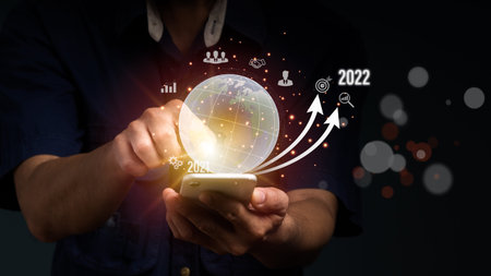 Businessman points to the globe with business icons all around, Business global big data, internet...