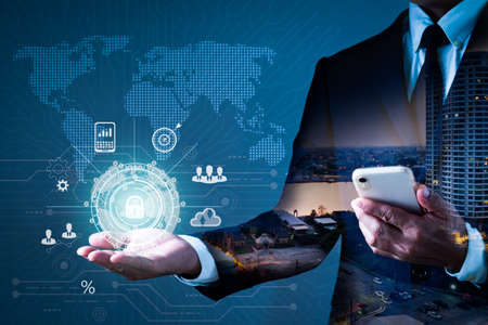 IoT, digital transformation, and global business network connection concept are all terms used to describe the Internet of Things. Using a laptop computer with a global network and technology icons.の写真素材