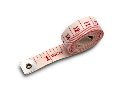 White measuring tape and a red color number are isolated on a white background.