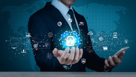 Concept of internet network security and personal data protection. Secure online payment and network communication and banking idea. Locks and padlocks are seen on the diagram.の写真素材